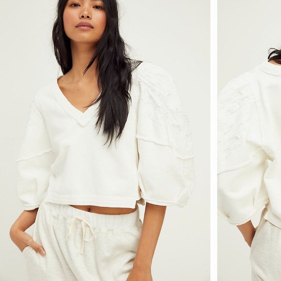 FREE PEOPLE ALYSSA ROSE COTTON PULLOVER CROPPED WITH LACE DETAILING SIZE SMALL - Picture 3 of 9